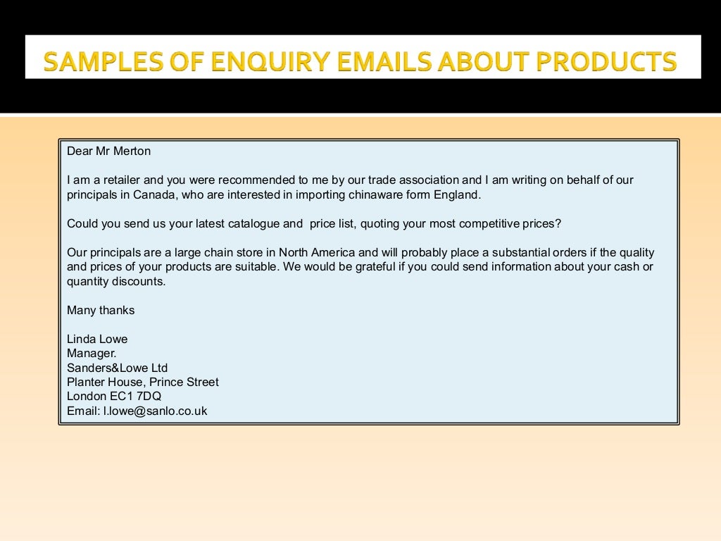 Samples of enquiry emails about products