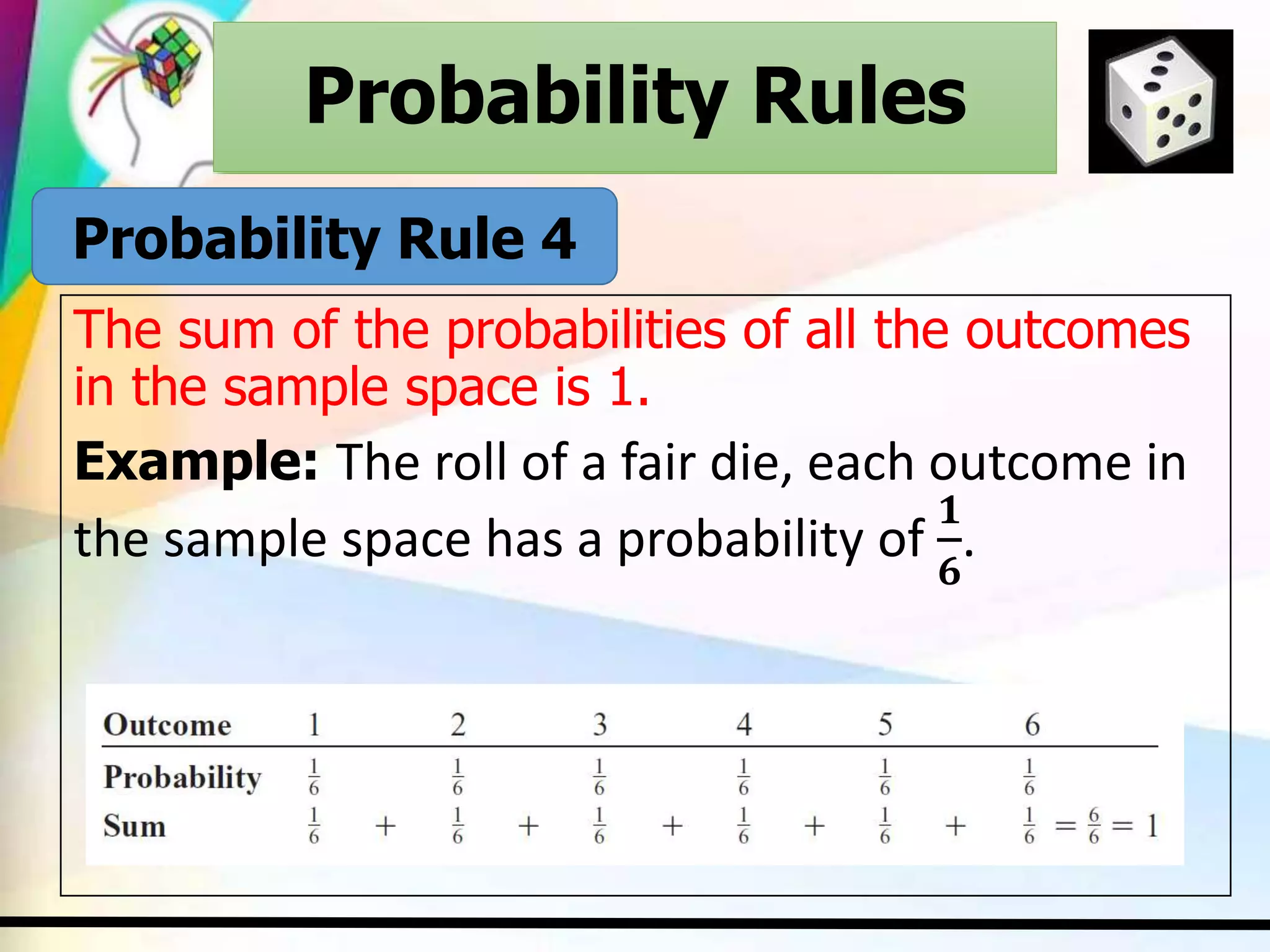 Probability Rules
The sum of the probabilities of all the outcomes
in the sample space is 1.
Example: The roll of a fair die, each outcome in
the sample space has a probability of
𝟏
𝟔
.
Probability Rules
Probability Rule 4
 
