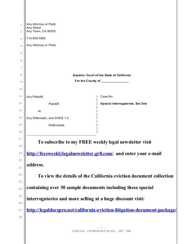 Sample special interrogatories for unlawful detainer (eviction) in Ca…