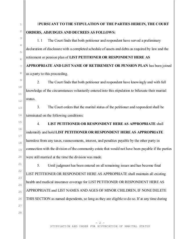 Sample stipulation and order for bifurcation of marital status in Cal…