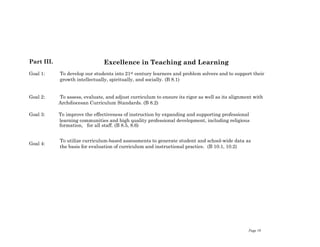 Page 19
Part III.
Goal 1:
Goal 2:
Goal 3:
Goal 4:
Excellence in Teaching and Learning
To develop our students into 21st century learners and problem solvers and to support their
growth intellectually, spiritually, and socially. (B 8.1)
To assess, evaluate, and adjust curriculum to ensure its rigor as well as its alignment with
Archdiocesan Curriculum Standards. (B 8.2)
To improve the effectiveness of instruction by expanding and supporting professional
learning communities and high quality professional development, including religious
formation, for all staff. (B 8.5, 8.6)
To utilize curriculum-based assessments to generate student and school-wide data as
the basis for evaluation of curriculum and instructional practice. (B 10.1, 10.2)
 