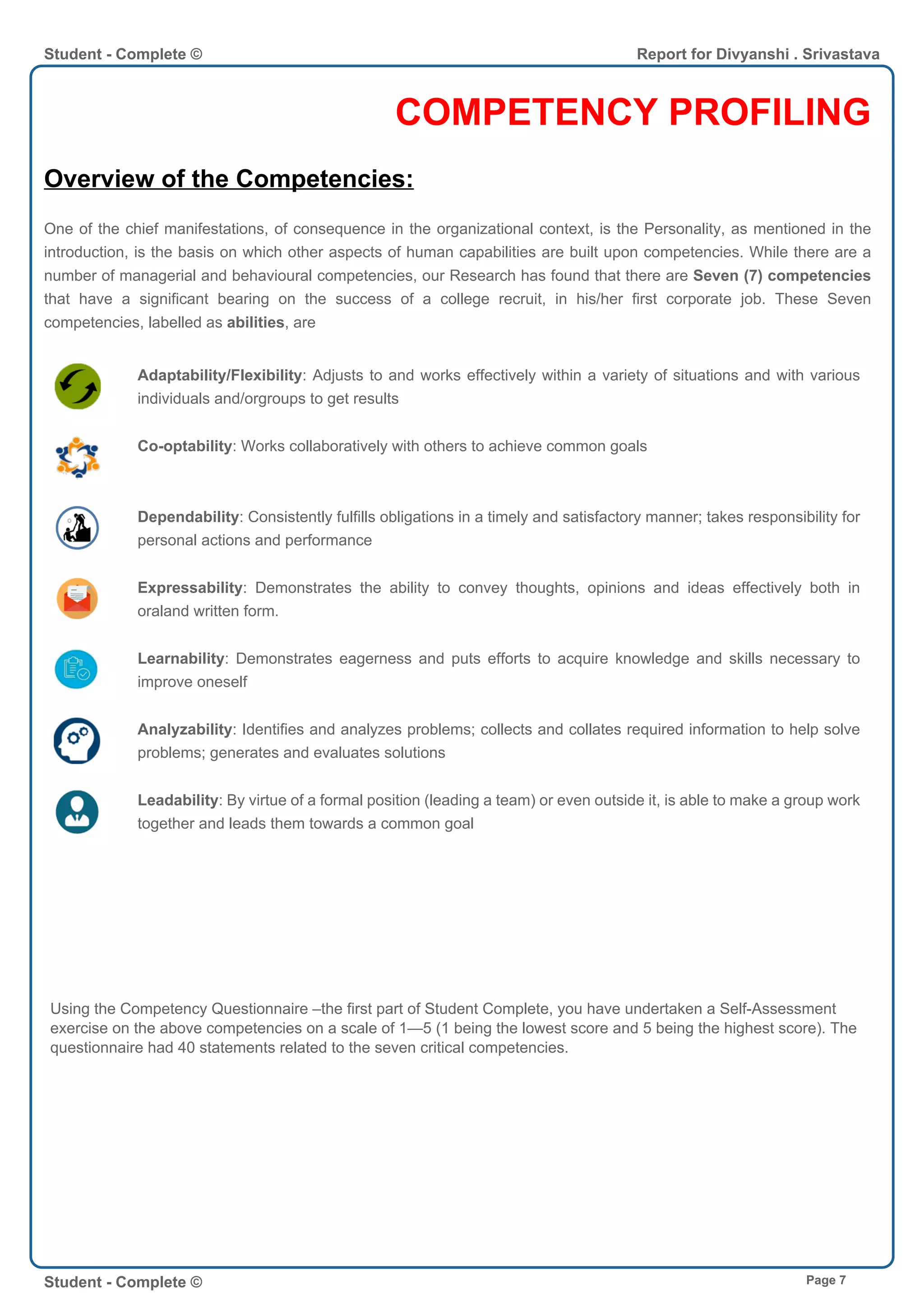 COMPETENCY PROFILING
Overview of the Competencies:
One of the chief manifestations, of consequence in the organizational context, is the Personality, as mentioned in the
introduction, is the basis on which other aspects of human capabilities are built upon competencies. While there are a
number of managerial and behavioural competencies, our Research has found that there are Seven (7) competencies
that have a significant bearing on the success of a college recruit, in his/her first corporate job. These Seven
competencies, labelled as abilities, are
Adaptability/Flexibility: Adjusts to and works effectively within a variety of situations and with various
individuals and/orgroups to get results
Co-optability: Works collaboratively with others to achieve common goals
Dependability: Consistently fulfills obligations in a timely and satisfactory manner; takes responsibility for
personal actions and performance
Expressability: Demonstrates the ability to convey thoughts, opinions and ideas effectively both in
oraland written form.
Learnability: Demonstrates eagerness and puts efforts to acquire knowledge and skills necessary to
improve oneself
Analyzability: Identifies and analyzes problems; collects and collates required information to help solve
problems; generates and evaluates solutions
Leadability: By virtue of a formal position (leading a team) or even outside it, is able to make a group work
together and leads them towards a common goal
Using the Competency Questionnaire –the first part of Student Complete, you have undertaken a Self-Assessment
exercise on the above competencies on a scale of 1—5 (1 being the lowest score and 5 being the highest score). The
questionnaire had 40 statements related to the seven critical competencies.
Student - Complete © Report for Divyanshi . Srivastava
Student - Complete © Page 7
 