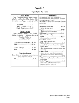 Sample Student Marketing Plan
- 13 -
Appendix A
Bagels by the Bay Menu
Fresh Bagels
Plain, Cinnamon-Raisin, Honey-Grain,
Blueberry, Chocolate Chip, Garlic, Salt,
Onion, Sesame, Poppy, and Pumpernickel
Six Bagels………….$2.75
Baker’s Dozen……..$4.75
Single Bagel……...….$.50
Cream Cheese
Plain*, Garden Veggie*, Chive, Honey
Walnut, Strawberry*, Jalapeno, Bacon &
Cheddar, Wildberry
*available in “Lite”
½ lb take home container…..$2.50
Plain………………………..$2.00
Added to bagel………….….$1.70
Plain…………………….…..$1.40
Other Condiments
Your choice of butter, margarine, honey,
jam, or peanut butter
Add……………………………$.30
Sandwiches
All sandwiches come with your choice of
mayonnaise, mustard, lettuce, sprouts,cucumber,
onion, green pepper, tomato
*Melted Swiss of cheddarcheese can be added for
an extra $.30
Breakwater Breakfast……………..$2.00
Bacon, egg and cheese
Captain……………………………$3.25
Thinly sliced honey-cured ham
Lighthouse………………………..$3.25
Mesquite smoked turkey
Anchor……………………………$3.25
Slow-roasted juicy roast beef
Cruiseliner Combo………………...$3.50
Ham, turkey,and roast beef
Chicken Breast ……………………$3.75
Juicy, skinless and boneless chicken breast
Tugboat Tuna …………………….$3.00
Tasty tuna salad mixed with celery, onion,and
seasonings
Chicken Salad …………………….$3.25
Tender, all-white meat chicken mixed with
Mayonnaise,celery, onion and seasonings
BLT ………………………………$3.75
Hickory smoked bacon,fresh red tomatoes, and
crisp lettuce
Garden Veggie ……………………$2.25
Fresh lettuce, red tomatoes, red onion,
cucumber, sprouts, and pickle
 