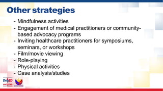 - Mindfulness activities
- Engagement of medical practitioners or community-
based advocacy programs
- Inviting healthcare practitioners for symposiums,
seminars, or workshops
- Film/movie viewing
- Role-playing
- Physical activities
- Case analysis/studies
Other strategies
 