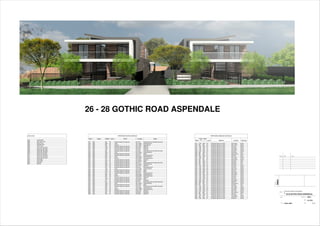 issue date note
@ A1title
client
project
scale
date
project no.
proposed dwelling development
@
DwgNo:
COVER SHEET
JULY2019
26-28 GOTHIC ROAD ASPENDALE
WD01
DS001
PROPOSED DOOR SCHEDULE
Mark Height Width Level Finish Location Notes
D101 2400 900 GF Powdercoat "night sky" alu. glass door DW1 Entry Swing-hinge entry door with 350mm side window
D102 2400 3000 GF Timber DW 1 Garage Sectional panel door
D103 2400 820 GF Solid core DW 1 Garage Swing-hinge door
D104 2400 2100 GF Powdercoat "night sky" alu. glass door DW 1 Living Sliding door
D105 2250 1800 FF Powdercoat "night sky" alu. glass door DW 1 Bed 2 Sliding door
D106 2250 1800 FF Powdercoat "night sky" alu. glass door DW 1 Bed 3 Sliding door
D201 2330 920 GF Powdercoat "night sky" alu. glass door DW 2 Entry Swing-hinge entry door with 790mm side window
D202 2400 3000 GF Timber DW 2 Garage Sectional panel door
D203 2400 2400 FF Powdercoat "night sky" alu. glass door DW 2 Living Sliding
D301 2320 820 GF Powdercoat "night sky" alu. glass door DW 3 Entry Swing-hinge entry door
D302 2400 3000 GF Timber DW 3 Garage Sectional panel door
D303 2400 820 GF Solid core DW 3 Garage Swing-hinge entry door
D304 2400 2100 GF Powdercoat "night sky" alu. glass door DW 3 Dining Sliding door
D305 2400 2400 FF Powdercoat "night sky" alu. glass door DW 3 Retreat Sliding
D401 2400 820 GF Powdercoat "night sky" alu. glass door DW 4 Entry Swing-hinge entry door with 780mm side window
D402 2400 5000 GF Powdercoat "night sky" alu. glass door DW 4 Garage Sectional panel door
D403 2400 2100 GF Powdercoat "night sky" alu. glass door DW 4 Living Sliding door
D501 2320 820 GF Powdercoat "night sky" alu. glass door DW 5 Entry Swing-hinge entry door
D502 2400 3000 GF Timber DW 5 Garage Sectional panel door
D503 2400 2100 GF Powdercoat "night sky" alu. glass door DW 5 Living Sliding
D504 2400 2100 GF Powdercoat "night sky" alu. glass door DW 5 Family Sliding
D601 2320 820 GF Powdercoat "night sky" alu. glass door DW 6 Entry Swing-hinge entry door
D602 2400 3000 GF Timber DW 6 Garage Sectional panel door
D603 2400 820 GF Solid core DW 6 Garage Swing-hinge entry door
D604 2400 2100 GF Powdercoat "night sky" alu. glass door DW 6 Dining Sliding door
D605 2400 2400 FF Powdercoat "night sky" alu. glass door DW 6 Retreat Sliding
D606 2400 720 FF Powdercoat "night sky" alu. glass door DW 6 Bed 1 Swing-hinge
D701 2330 920 GF Powdercoat "night sky" alu. glass door DW 7 Entry Swing-hinge entry door with 790mm side window
D702 2400 3000 GF Timber DW 7 Garage Sectional panel door
D703 2400 2400 FF Powdercoat "night sky" alu. glass door DW 7 Dining Sliding
D801 2400 900 GF Powdercoat "night sky" alu. glass door DW 8 Entry Swing-hinge entry door with 350mm side window
D802 2400 3000 GF Timber DW 8 Garage Sectional panel door
D803 2400 820 GF Solid core DW 8 Garage Swing-hinge entry door
D804 2400 2100 GF Powdercoat "night sky" alu. glass door DW 8 Living Sliding door
D805 2170 820 FF Powdercoat "night sky" alu. glass door DW 8 Bed 3 Swing-hinge
D806 2250 1800 FF Powdercoat "night sky" alu. glass door DW 8 Bed 2 Sliding door
PROPOSED WINDOW SCHEDULE
Mark
Heig
ht
Widt
h Level Material Location Opening
W101 1350 1800 GF Powdercoat "night sky" alu. window DW 1 Kitchen Awning
W102 600 600 GF Powdercoat "night sky" alu. window DW 1 Powder Awning
W103 1800 1800 FF Powdercoat "night sky" alu. window DW 1 Bed 1 Awning
W201 1400 1800 GF Powdercoat "night sky" alu. window DW 2 Sitting Awning
W202 1000 1800 GF Powdercoat "night sky" alu. window DW 2 Sitting Awining
W203 1000 1800 GF Powdercoat "night sky" alu. window DW 2 Bed 2 Awining
W204 850 1800 FF Powdercoat "night sky" alu. window DW 2 Dining Fixed
W205 600 600 FF Powdercoat "night sky" alu. window DW 2 Semi-ens Awning
W206 850 1800 FF Powdercoat "night sky" alu. window DW 2 Bed 1 Fixed
W301 1000 1800 GF Powdercoat "night sky" alu. window DW 3 Living Awining
W302 2100 900 GF Powdercoat "night sky" alu. window DW 3 Kitchen Awning
W303 600 600 FF Powdercoat "night sky" alu. window DW 3 Ensuite Awning
W304 850 1800 FF Powdercoat "night sky" alu. window DW 3 Bed 1 Fixed
W305 850 1800 FF Powdercoat "night sky" alu. window DW 3 Bed 2 Fixed
W306 700 1800 FF Powdercoat "night sky" alu. window DW 3 Stairs Fixed
W401 1000 1800 GF Powdercoat "night sky" alu. window DW 4 Bed 3 Awining
W402 1400 1800 GF Powdercoat "night sky" alu. window DW 4 Bed 2 Awning
W403 1400 1800 GF Powdercoat "night sky" alu. window DW 4 Living Awning
W404 1400 1800 GF Powdercoat "night sky" alu. window DW 4 Bed 1 Awning
W501 1000 1800 GF Powdercoat "night sky" alu. window DW 5 Living Awining
W502 1500 900 GF Powdercoat "night sky" alu. window DW 5 Kitchen Awning
W503 1400 1800 GF Powdercoat "night sky" alu. window DW 5 Family Awning
W504 1400 1800 GF Powdercoat "night sky" alu. window DW 5 Bed 2 Awning
W505 1400 1800 GF Powdercoat "night sky" alu. window DW 5 Bed 1 Awning
W601 1000 1800 GF Powdercoat "night sky" alu. window DW 6 Living Awining
W602 2100 900 GF Powdercoat "night sky" alu. window DW 6 Kitchen Awning
W603 1800 1000 FF Powdercoat "night sky" alu. window DW 6 Bed 1 Awning
W604 850 900 FF Powdercoat "night sky" alu. window DW 6 Semi-ens Awning
W605 850 1800 FF Powdercoat "night sky" alu. window DW 6 Bed 2 Fixed
W701 1400 1800 GF Powdercoat "night sky" alu. window DW 7 Sitting Awning
W702 1000 1800 GF Powdercoat "night sky" alu. window DW 7 Sitting Awining
W703 1000 1800 GF Powdercoat "night sky" alu. window DW 7 Bed 2 Awining
W704 2100 1800 FF Powdercoat "night sky" alu. window DW 7 Living Awning
W705 600 600 FF Powdercoat "night sky" alu. window DW 7 Semi-ens Awning
W706 850 1800 FF Powdercoat "night sky" alu. window DW 7 Bed 1 Fixed
W801 1400 1800 GF Powdercoat "night sky" alu. window DW 8 Kitchen Awning
W802 600 600 GF Powdercoat "night sky" alu. window DW 8 Powder Awning
W803 1800 1800 FF Powdercoat "night sky" alu. window DW 8 Bed 1 Awning
900
880
900
900
900
880
880
900
880
26 - 28 GOTHIC ROAD ASPENDALE
DRAWING INDEX
WD01 COVER SHEET
WD02 SITE / ROOF PLAN
WD03 SETOUT PLAN
WD04 GROUND FLOOR
WD05 FIRST FLOOR
WD06 DW1 PLANS / SECTIONS
WD07 DW2 PLANS / SECTIONS
WD08 DW3 PLANS / SECTIONS
WD09 DW4 PLANS / SECTIONS
WD10 DW5 PLAN / SECTIONS
WD11 DW6 PLANS / SECTIONS
WD12 DW7 PLANS / SECTIONS
WD13 DW8 PLANS / SECTIONS
WD14 ELEVATIONS
WD15 ELEVATIONS
WD16 SECTIONS
WD17 DETAILS
 