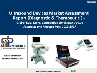 Sample

Ultrasound Devices Market Assessment
Report (Diagnostic & Therapeutic ) Global Size, Share, Competitive Landscape, Future
Prospects and Forecast from 2013-2017

ersistence

Right on the money, rendered!

HEALTHCARE MARKET
RESEARCH & CONSULTING

www.persistencemarketresearch.com

ToC

 