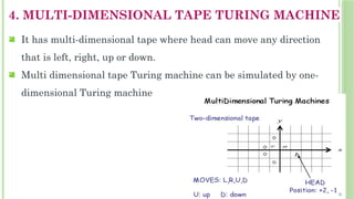 4. MULTI-DIMENSIONAL TAPE TURING MACHINE
 It has multi-dimensional tape where head can move any direction
that is left, right, up or down.
 Multi dimensional tape Turing machine can be simulated by one-
dimensional Turing machine
 