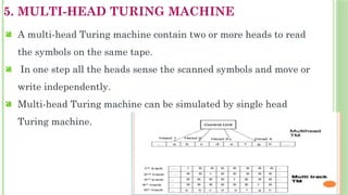 5. MULTI-HEAD TURING MACHINE
 A multi-head Turing machine contain two or more heads to read
the symbols on the same tape.
 In one step all the heads sense the scanned symbols and move or
write independently.
 Multi-head Turing machine can be simulated by single head
Turing machine.
 