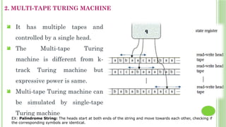 2. MULTI-TAPE TURING MACHINE
 It has multiple tapes and
controlled by a single head.
 The Multi-tape Turing
machine is different from k-
track Turing machine but
expressive power is same.
 Multi-tape Turing machine can
be simulated by single-tape
Turing machine
EX: Palindrome String: The heads start at both ends of the string and move towards each other, checking if
the corresponding symbols are identical.
 