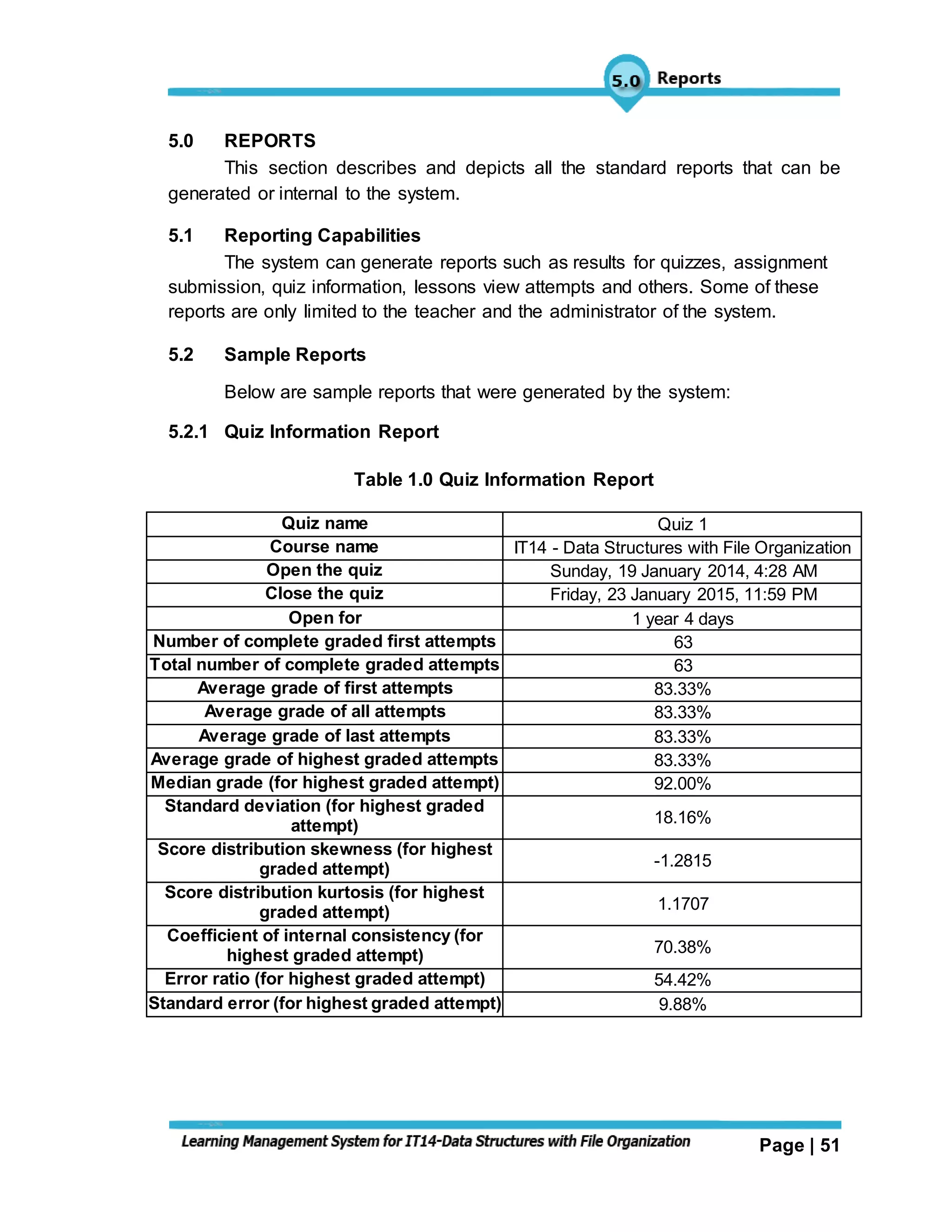 Page | 51
5.0 REPORTS
This section describes and depicts all the standard reports that can be
generated or internal to the system.
5.1 Reporting Capabilities
The system can generate reports such as results for quizzes, assignment
submission, quiz information, lessons view attempts and others. Some of these
reports are only limited to the teacher and the administrator of the system.
5.2 Sample Reports
Below are sample reports that were generated by the system:
5.2.1 Quiz Information Report
Table 1.0 Quiz Information Report
Quiz name Quiz 1
Course name IT14 - Data Structures with File Organization
Open the quiz Sunday, 19 January 2014, 4:28 AM
Close the quiz Friday, 23 January 2015, 11:59 PM
Open for 1 year 4 days
Number of complete graded first attempts 63
Total number of complete graded attempts 63
Average grade of first attempts 83.33%
Average grade of all attempts 83.33%
Average grade of last attempts 83.33%
Average grade of highest graded attempts 83.33%
Median grade (for highest graded attempt) 92.00%
Standard deviation (for highest graded
attempt) 18.16%
Score distribution skewness (for highest
graded attempt) -1.2815
Score distribution kurtosis (for highest
graded attempt) 1.1707
Coefficient of internal consistency (for
highest graded attempt) 70.38%
Error ratio (for highest graded attempt) 54.42%
Standard error (for highest graded attempt) 9.88%
 