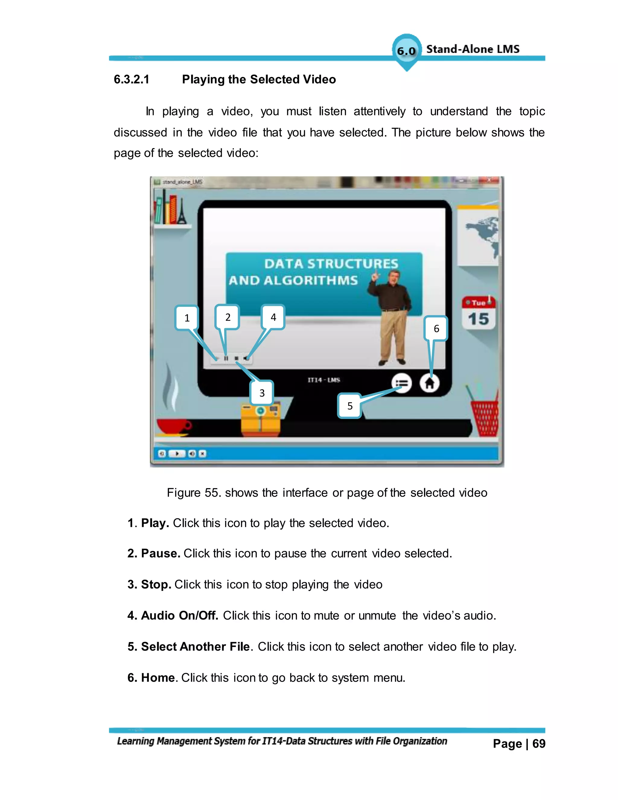 Page | 69
6.3.2.1 Playing the Selected Video
In playing a video, you must listen attentively to understand the topic
discussed in the video file that you have selected. The picture below shows the
page of the selected video:
Figure 55. shows the interface or page of the selected video
1. Play. Click this icon to play the selected video.
2. Pause. Click this icon to pause the current video selected.
3. Stop. Click this icon to stop playing the video
4. Audio On/Off. Click this icon to mute or unmute the video’s audio.
5. Select Another File. Click this icon to select another video file to play.
6. Home. Click this icon to go back to system menu.
5
6
4
3
21
 