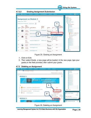 Page | 36
4.7.2.2 Grading Assignment Submission
Figure 25. Grading an Assignment
1. Click on Edit.
2. Then select Grade, a new page will be loaded. In the new page, type your
grade on the field provided, then submit your grade.
4.7.3 Deleting an Assignment
Figure 26. Deleting an Assignment
2
1
2
1
 