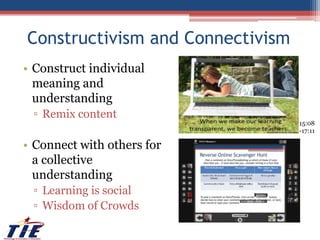 Constructivism and ConnectivismConstruct individual meaning and understandingRemix contentConnect with others for a collective understandingLearning is socialWisdom of Crowds15:08-17:11
