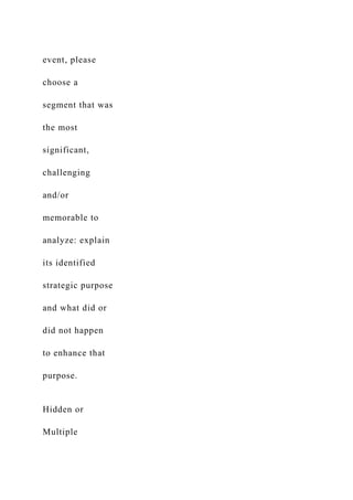 event, please
choose a
segment that was
the most
significant,
challenging
and/or
memorable to
analyze: explain
its identified
strategic purpose
and what did or
did not happen
to enhance that
purpose.
Hidden or
Multiple
 