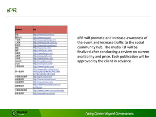SOCIAL MEDIA APPROACH
Our backbone of our social strategy is to interact with your target audience as a
sociable Brand by building an online community hub through which you and brand
sponsors can deliver engaging content and activities to generate buzz leading up
to the event. The online community will be linked to and supported through other
digital and social platforms.
We will work with your team to ensure best practice in the management of the
online community and social media activities. Our dedicated team are experts in:
–  KOL & blogger outreach & management
–  Social media advertising
–  Seeding & feeding activities
–  Structured content development
–  Paid media planning & management
Digital Jungle can also provide a consultancy service to ensure your programs are
optimising efforts with regards to community management.
 