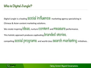 Phase 3 (15 to 20 days)
•  Receive content and submission of you including your trial home page content, and 5
keyword focused content pages containing articles for tier two pages, any photographs that
you would like to include, affiliate link information for inclusion in your pages, the name of
your new Newsletter and anything else that you would like to include in the site
•  Incorporation of your material into your website including creating your final Sitemap,
Newsletter subscription form and pop up page, Contact Us form and web page, your Web
Log (Blog) page, a Links page and the other pages outlined above
•  Optimize all of these pages for search engine positioning (Baidu/Qihoo) inclusion methods
into your website
•  Create and Submit XX articles to appropriate article directories, guest blog, ePR
announcement
•  Build links to XX appropriate association/business websites
•  Test all links, forms and email addresses to make sure that they all work effectively
•  Present your site to you for review and approval
PHASES & TIMING
 