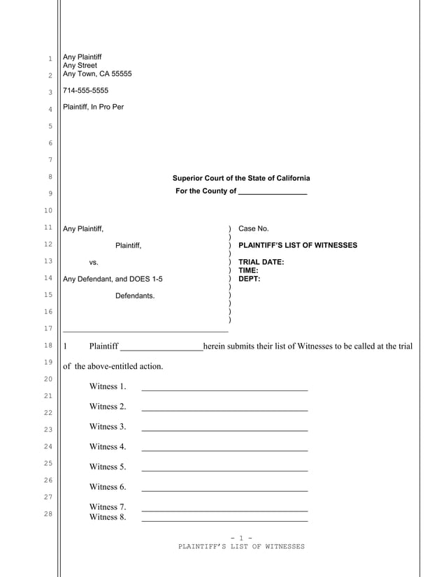 Sample California witness list PDF