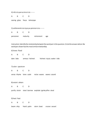 Word Relation Task Sample word relationship questions | DOCX
