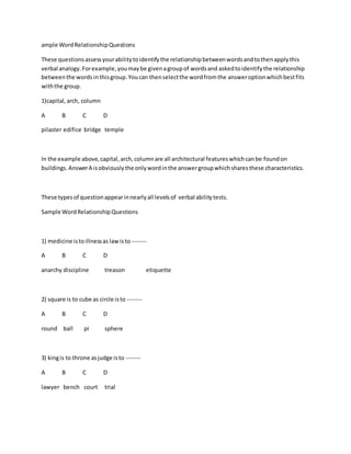 Word Relation Task Sample word relationship questions | DOCX