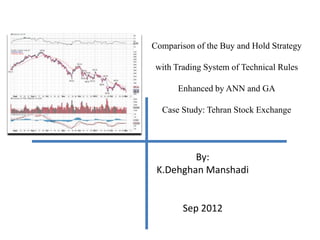 Comparison of the Buy and Hold Strategy
with Trading System of Technical Rules
Enhanced by ANN and GA
Case Study: Tehran Stock Exchange
By:
K.Dehghan Manshadi
Sep 2012
 