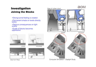 Investigation                              View of urban court

 Joining the Blocks

  •Strong tunnel feeling is created
   Strong
  •Permanent shade on levels directly
   Permanent
  below
  •Serious consequences on light
   Serious
  quality
  •Scale of blocks becomes
   Scale
  oppressive
                                                                  joined             not joined




                  joined       not joined




View from Plaza                               Computer Simulation – Daylight Study
 