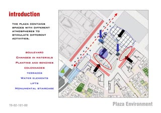 introduction
 the plaza contains
 spaces with different
 atmospheres to
 stimulate different
 activities.



          boulevard
    Changes in materials
    Planting and benches
         colonnades
           terraces
       Water elements
               lifts
   Monumental staircase




T0-02-101-00               Plaza Environment
 