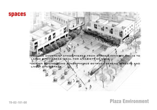 spaces




               •PROVIDE DIFFERENT ATMOSPHERES FROM SHADED INTIMATE AREAS TO
                LARGE OPEN AREAS IDEAL FOR A VARIETY OF USES.
               •DESIGN CONTRASTING ATMOSPHERES BETWEEN SERENE STREETS AND
                LIVELY OPEN SPACE.




T0-02-101-00                                              Plaza Environment
 
