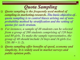 Quota Sampling






Quota sampling is the frequently used method of
sampling in marketing research. The basic objective of
quota sampling is to control biases arising out of nonprobability method by stratification and the setting of
quotas for each stratum.
For instance, a sample of 40 students can be selected
from a group of 200 students comprising of 120 boys
and 80 girls. To make the sample representative, the
group of 40 should include 24 boys and 16 girls (i.e.
120: 80 = 3: 2).
Quota sampling offer benefits of speed, economy and
simplicity. It is widely used in market surveys and
public opinion polls.
33

 
