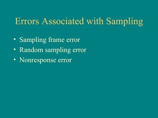 Errors Associated with Sampling
• Sampling frame error
• Random sampling error
• Nonresponse error
 