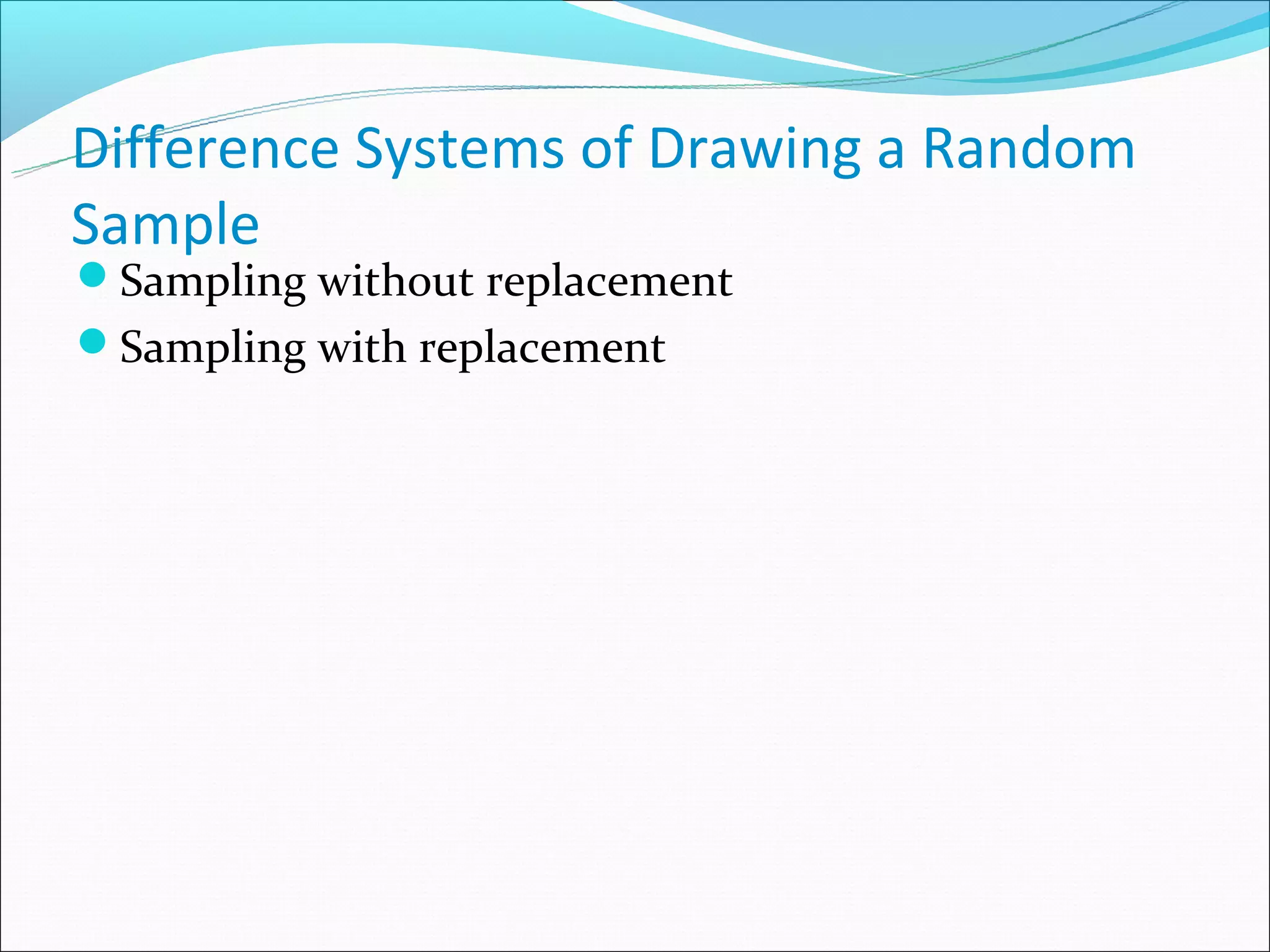 Difference Systems of Drawing a Random
Sample
Sampling without replacement
Sampling with replacement
 