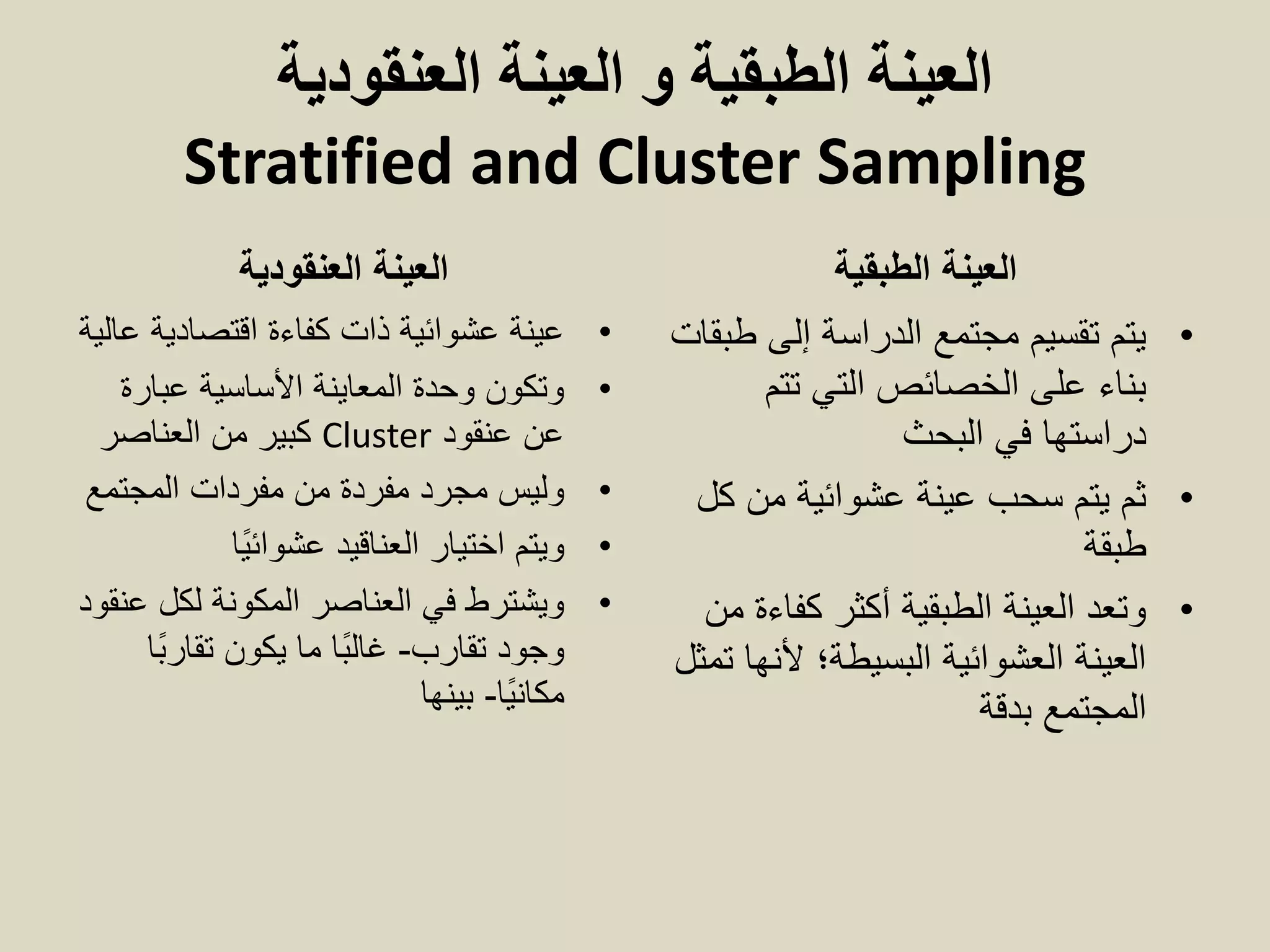 ‫العنقودية‬ ‫العينة‬ ‫و‬ ‫الطبقية‬ ‫العينة‬
Stratified and Cluster Sampling
‫العنقودية‬ ‫العينة‬
•‫اقتصادية‬ ‫كفاءة‬ ‫ذات‬ ‫عشوائية‬ ‫عينة‬‫عالية‬
•‫عبارة‬ ‫األساسية‬ ‫المعاينة‬ ‫وحدة‬ ‫وتكون‬
‫عنقود‬ ‫عن‬Cluster‫من‬ ‫كبير‬‫العناصر‬
•‫مفردات‬ ‫من‬ ‫مفردة‬ ‫مجرد‬ ‫وليس‬‫المجتمع‬
•‫العناقيد‬ ‫اختيار‬ ‫ويتم‬‫ًا‬‫ي‬‫عشوائ‬
•‫عنقود‬ ‫لكل‬ ‫المكونة‬ ‫العناصر‬ ‫في‬ ‫ويشترط‬
‫تقارب‬ ‫وجود‬-‫ًا‬‫ب‬‫تقار‬ ‫يكون‬ ‫ما‬ ‫ًا‬‫ب‬‫غال‬
‫ًا‬‫ي‬‫مكان‬-‫بينها‬
‫الطبقية‬ ‫العينة‬
•‫طبقات‬ ‫إلى‬ ‫الدراسة‬ ‫مجتمع‬ ‫تقسيم‬ ‫يتم‬
‫تتم‬ ‫التي‬ ‫الخصائص‬ ‫على‬ ‫بناء‬
‫في‬ ‫دراستها‬‫البحث‬
•‫كل‬ ‫من‬ ‫عشوائية‬ ‫عينة‬ ‫سحب‬ ‫يتم‬ ‫ثم‬
‫طبقة‬
•‫من‬ ‫كفاءة‬ ‫أكثر‬ ‫الطبقية‬ ‫العينة‬ ‫وتعد‬
‫تمثل‬ ‫ألنها‬ ‫البسيطة؛‬ ‫العشوائية‬ ‫العينة‬
‫بدقة‬ ‫المجتمع‬
 