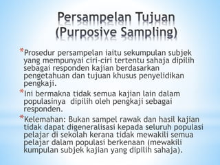 *Prosedur persampelan iaitu sekumpulan subjek
yang mempunyai ciri-ciri tertentu sahaja dipilih
sebagai responden kajian berdasarkan
pengetahuan dan tujuan khusus penyelidikan
pengkaji.
*Ini bermakna tidak semua kajian lain dalam
populasinya dipilih oleh pengkaji sebagai
responden.
*Kelemahan: Bukan sampel rawak dan hasil kajian
tidak dapat digeneralisasi kepada seluruh populasi
pelajar di sekolah kerana tidak mewakili semua
pelajar dalam populasi berkenaan (mewakili
kumpulan subjek kajian yang dipilih sahaja).
 
