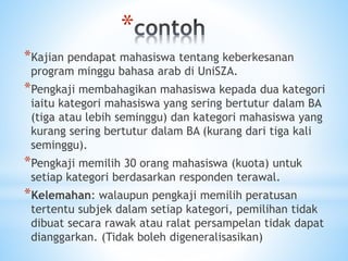 *
*Kajian pendapat mahasiswa tentang keberkesanan
program minggu bahasa arab di UniSZA.
*Pengkaji membahagikan mahasiswa kepada dua kategori
iaitu kategori mahasiswa yang sering bertutur dalam BA
(tiga atau lebih seminggu) dan kategori mahasiswa yang
kurang sering bertutur dalam BA (kurang dari tiga kali
seminggu).
*Pengkaji memilih 30 orang mahasiswa (kuota) untuk
setiap kategori berdasarkan responden terawal.
*Kelemahan: walaupun pengkaji memilih peratusan
tertentu subjek dalam setiap kategori, pemilihan tidak
dibuat secara rawak atau ralat persampelan tidak dapat
dianggarkan. (Tidak boleh digeneralisasikan)
 