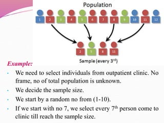 Example:
• We need to select individuals from outpatient clinic. No
frame, no of total population is unknown.
• We decide the sample size.
• We start by a random no from (1-10).
• If we start with no 7, we select every 7th person come to
clinic till reach the sample size.
 