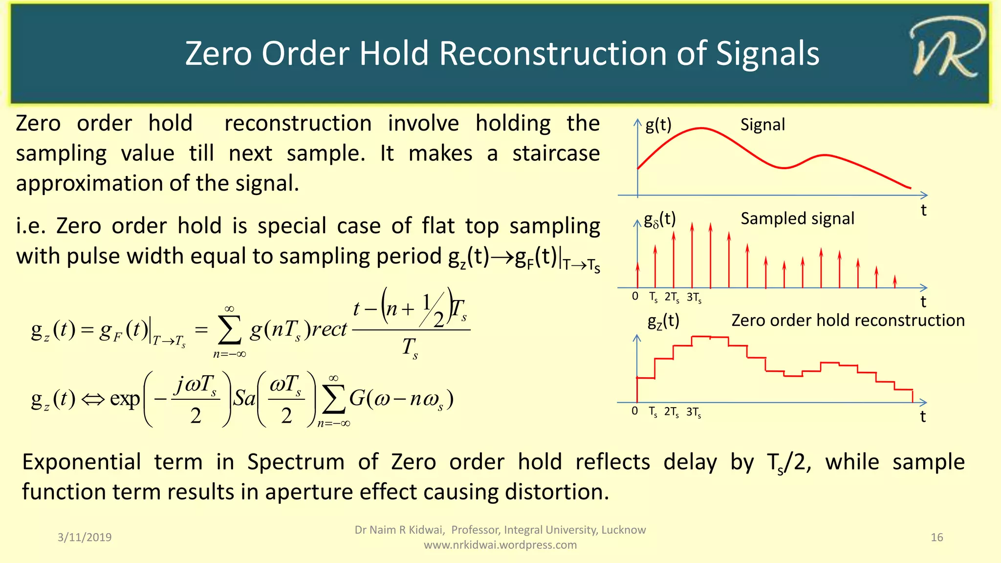 Zero Order Hold Reconstruction of Signals
3/11/2019 16
Dr Naim R Kidwai, Professor, Integral University, Lucknow
www.nrkidwai.wordpress.com
g(t) Signal
tg(t) Sampled signal
tTs 2Ts0 3Ts
gZ(t) Zero order hold reconstruction
tTs 2Ts0 3Ts
Zero order hold reconstruction involve holding the
sampling value till next sample. It makes a staircase
approximation of the signal.
i.e. Zero order hold is special case of flat top sampling
with pulse width equal to sampling period gz(t)gF(t)TTs
 
)(
22
exp)(g
2
1
)()()(g






















n
s
ss
z
n s
s
sTTFz
nG
T
Sa
Tj
t
T
Tnt
rectnTgtgt
s


Exponential term in Spectrum of Zero order hold reflects delay by Ts/2, while sample
function term results in aperture effect causing distortion.
 