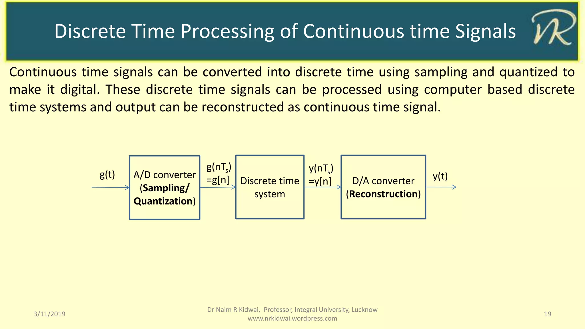 Discrete Time Processing of Continuous time Signals
3/11/2019 19
Dr Naim R Kidwai, Professor, Integral University, Lucknow
www.nrkidwai.wordpress.com
Continuous time signals can be converted into discrete time using sampling and quantized to
make it digital. These discrete time signals can be processed using computer based discrete
time systems and output can be reconstructed as continuous time signal.
g(t) A/D converter
(Sampling/
Quantization)
Discrete time
system
D/A converter
(Reconstruction)
g(nTs)
=g[n]
y(nTs)
=y[n] y(t)
 