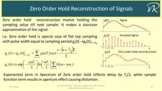 Zero Order Hold Reconstruction of Signals
3/11/2019 16
Dr Naim R Kidwai, Professor, Integral University, Lucknow
www.nrkidwai.wordpress.com
g(t) Signal
tg(t) Sampled signal
tTs 2Ts0 3Ts
gZ(t) Zero order hold reconstruction
tTs 2Ts0 3Ts
Zero order hold reconstruction involve holding the
sampling value till next sample. It makes a staircase
approximation of the signal.
i.e. Zero order hold is special case of flat top sampling
with pulse width equal to sampling period gz(t)gF(t)TTs
 
)(
22
exp)(g
2
1
)()()(g






















n
s
ss
z
n s
s
sTTFz
nG
T
Sa
Tj
t
T
Tnt
rectnTgtgt
s


Exponential term in Spectrum of Zero order hold reflects delay by Ts/2, while sample
function term results in aperture effect causing distortion.
 