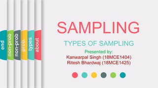 SAMPLING
TYPES OF SAMPLING
Presented by:
Kanwarpal Singh (18MCE1404)
Ritesh Bhardwaj (18MCE1425)
about
types
prob.
non-prob
non-prob
end
 