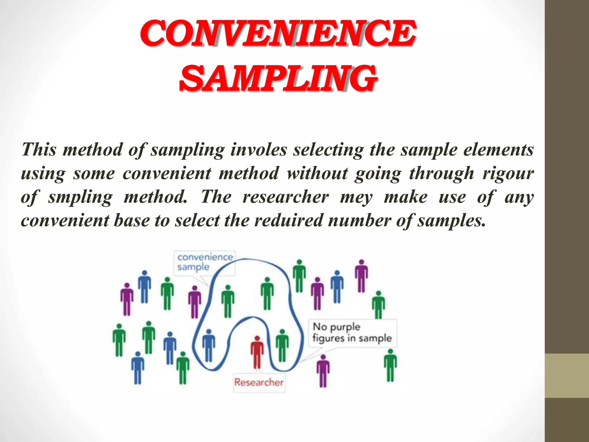 CONVENIENCE
SAMPLING
This method of sampling involes selecting the sample elements
using some convenient method without going through rigour
of smpling method. The researcher mey make use of any
convenient base to select the reduired number of samples.
 