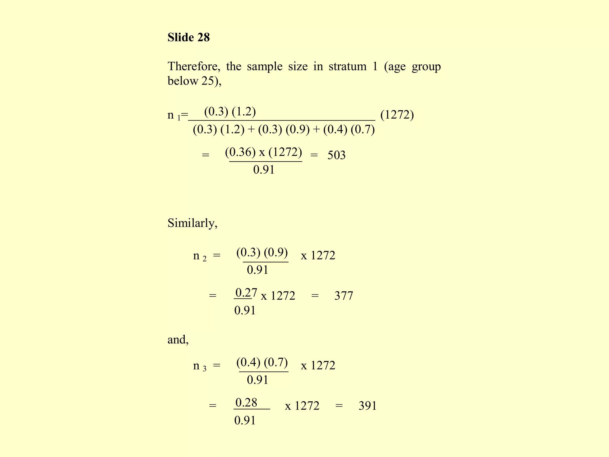 Slide 28
Therefore, the sample size in stratum 1 (age group
below 25),
n 1= (0.3) (1.2) (1272)
(0.3) (1.2) + (0.3) (0.9) + (0.4) (0.7)
= (0.36) x (1272) = 503
0.91
Similarly,
n 2 = (0.3) (0.9) x 1272
0.91
= 0.27 x 1272 = 377
0.91
and,
n 3 = (0.4) (0.7) x 1272
0.91
= 0.28 x 1272 = 391
0.91
 