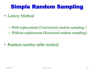 Simple Random Sampling
• Lottery Method
– With replacement (Unrestricted random sampling )
– Without replacement (Restricted random sampling)
• Random number table method
9/13/2016 36
Ashok Pandey
 