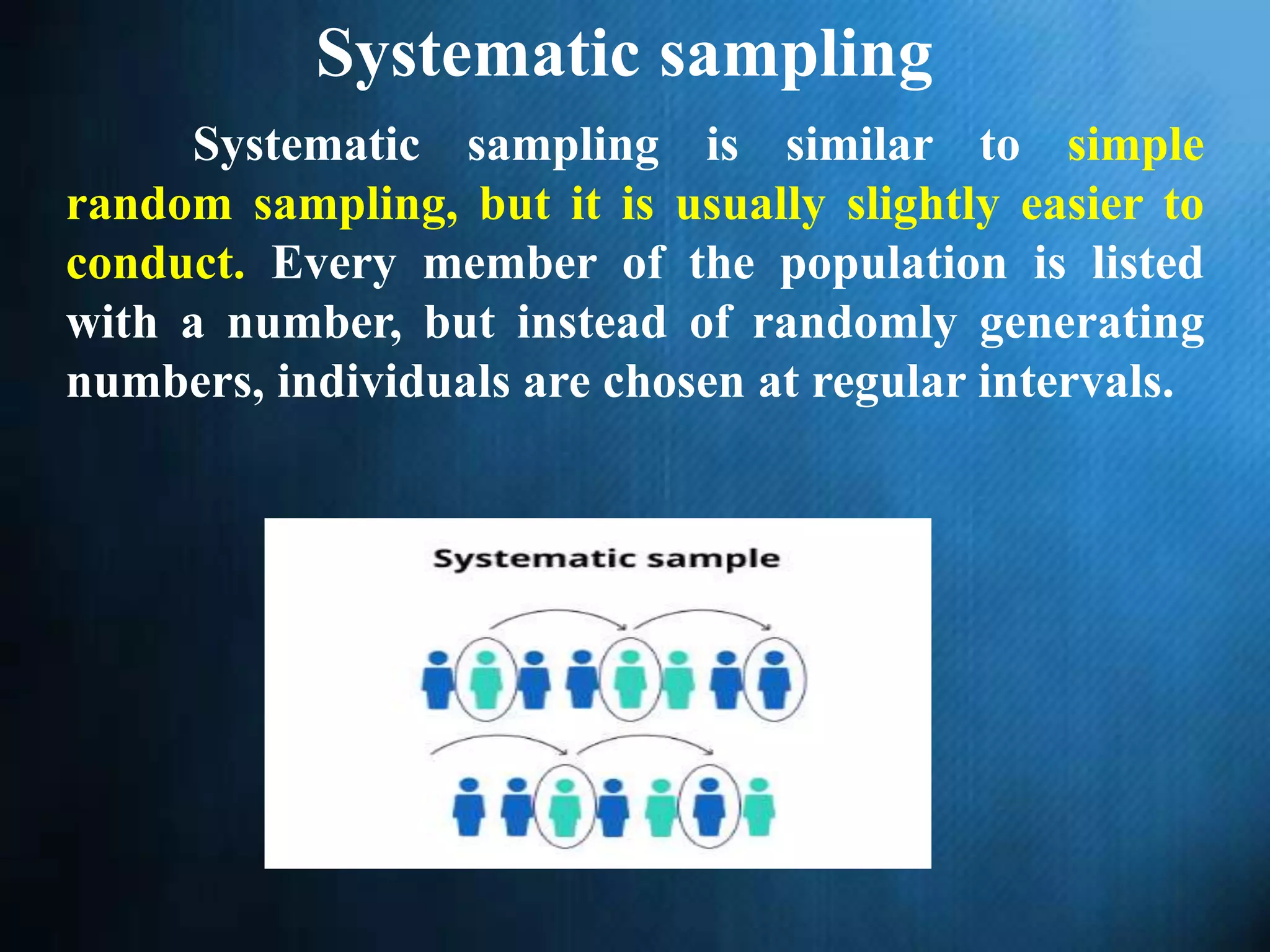 Systematic sampling
Systematic sampling is similar to simple
random sampling, but it is usually slightly easier to
conduct. Every member of the population is listed
with a number, but instead of randomly generating
numbers, individuals are chosen at regular intervals.
 