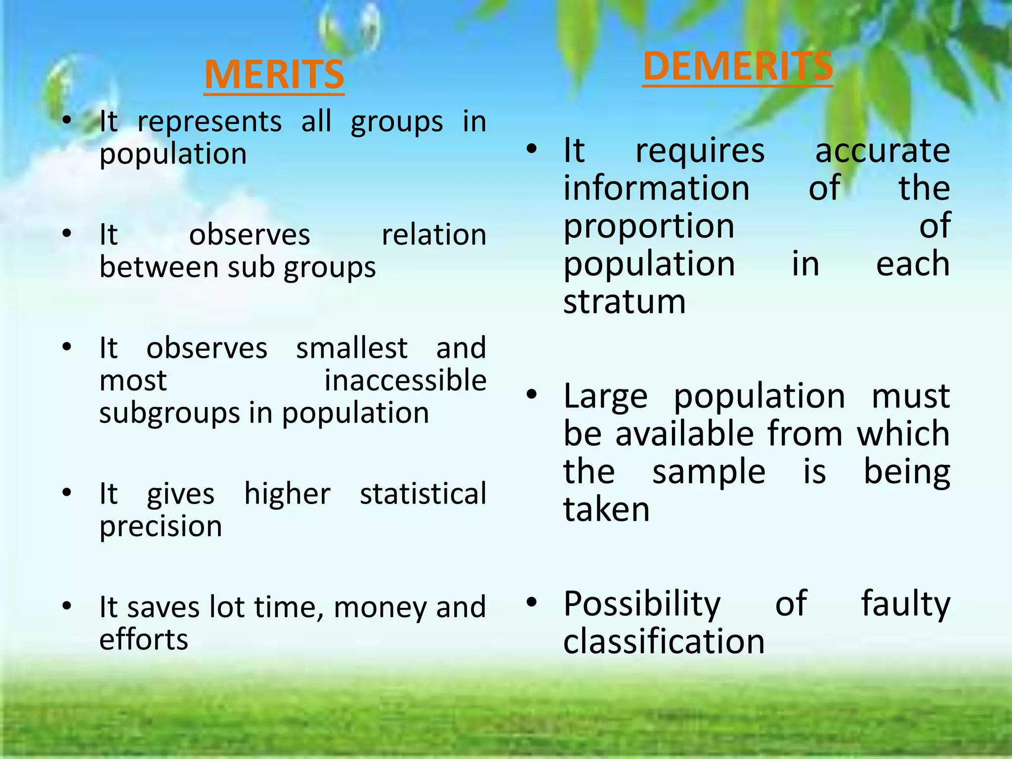 MERITS
• It represents all groups in
population
• It observes relation
between sub groups
• It observes smallest and
most inaccessible
subgroups in population
• It gives higher statistical
precision
• It saves lot time, money and
efforts
DEMERITS
• It requires accurate
information of the
proportion of
population in each
stratum
• Large population must
be available from which
the sample is being
taken
• Possibility of faulty
classification
 