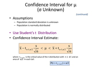 • Assumptions
– Population standard deviation is unknown
– Population is normally distributed
• Use Student’s t Distribution
• Confidence Interval Estimate:
where tn-1,α/2 is the critical value of the t distribution with n-1 d.f. and an
area of α/2 in each tail:
Confidence Interval for μ
(σ Unknown)
n
s
t
x
μ
n
s
t
x α/2
1,
-
n
α/2
1,
-
n 



(continued)
α/2
)
t
P(t α/2
1,
n 
 
 