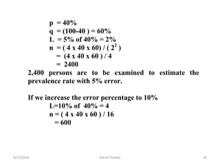 p = 40%
q = (100-40 ) = 60%
L = 5% of 40% = 2%
n = ( 4 x 40 x 60) / ( 22
)
= (4 x 40 x 60 ) / 4
= 2400
2,400 persons are to be examined to estimate the
prevalence rate with 5% error.
If we increase the error percentage to 10%
L=10% of 40% = 4
n = ( 4 x 40 x 60 ) / 16
= 600
9/13/2016 28
Ashok Pandey
 