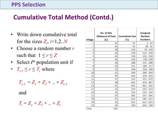 • Write down cumulative total
for the sizes Zi, i=1,2..N
• Choose a random number r
such that 1 ≤ r ≤ Z
• Select ith population unit if
• Ti-1 ≤ r ≤ Ti where
Ti-1 = Z1 + Z2 + .. + Zi-1
and
Ti = Z1 + Z2 + .. + Zi
Cumulative Total Method (Contd.)
PPS Selection
 