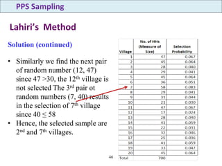 46
Solution (continued)
• Similarly we find the next pair
of random number (12, 47)
since 47 >30, the 12th village is
not selected The 3rd pair ot
random numbers (7, 40) results
in the selection of 7th village
since 40 ≤ 58
• Hence, the selected sample are
2nd and 7th villages.
PPS Sampling
Lahiri’s Method
 