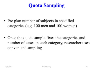 Quota Sampling
• Pre plan number of subjects in specified
categories (e.g. 100 men and 100 women)
• Once the quota sample fixes the categories and
number of cases in each category, researcher uses
convenient sampling
9/13/2016 74
Ashok Pandey
 