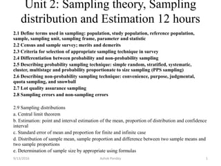 Unit 2: Sampling theory, Sampling
distribution and Estimation 12 hours
2.1 Define terms used in sampling: population, study population, reference population,
sample, sampling unit, sampling frame, parameter and statistic
2.2 Census and sample survey; merits and demerits
2.3 Criteria for selection of appropriate sampling technique in survey
2.4 Differentiation between probability and non-probability sampling
2.5 Describing probability sampling technique: simple random, stratified, systematic,
cluster, multistage and probability proportionate to size sampling (PPS sampling)
2.6 Describing non-probability sampling technique: convenience, purpose, judgmental,
quota sampling, and snowball
2.7 Lot quality assurance sampling
2.8 Sampling errors and non-sampling errors
2.9 Sampling distributions
a. Central limit theorem
b. Estimation: point and interval estimation of the mean, proportion of distribution and confidence
interval
c. Standard error of mean and proportion for finite and infinite case
d. Distribution of sample mean, sample proportion and difference between two sample means and
two sample proportions
e. Determination of sample size by appropriate using formulas
9/13/2016 Ashok Pandey 1
 