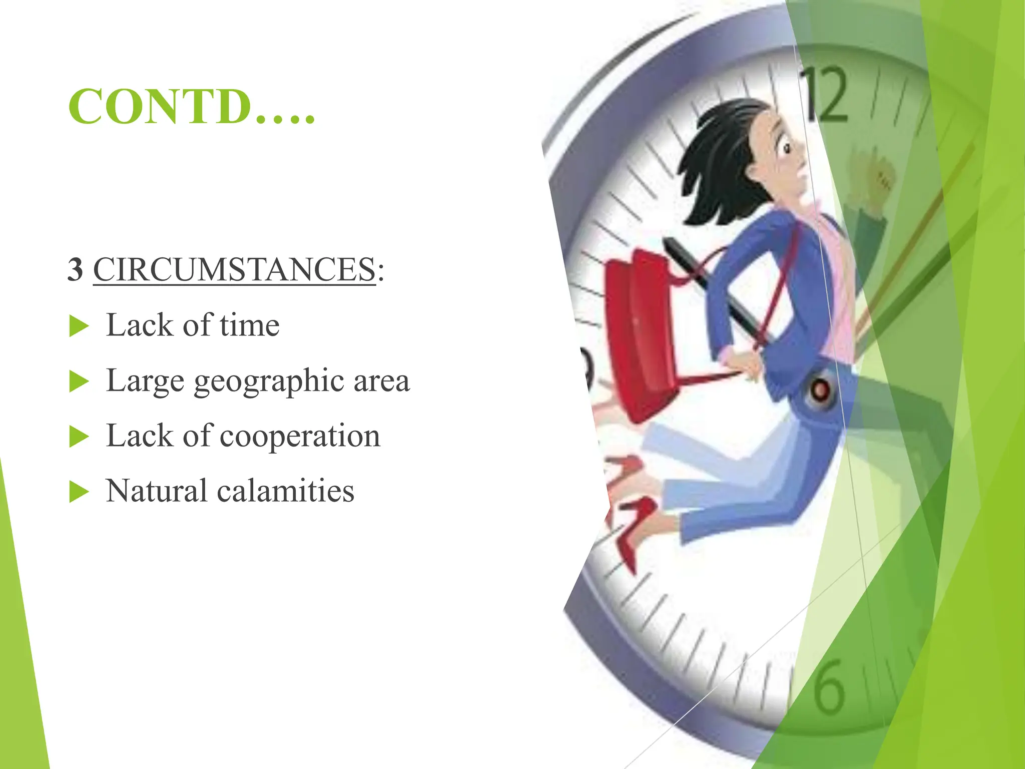 CONTD….
3 CIRCUMSTANCES:
 Lack of time
 Large geographic area
 Lack of cooperation
 Natural calamities
 